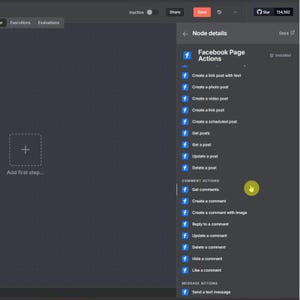 May include: Screenshot of a dark gray interface with a list of Facebook Page Actions. Options include creating posts, getting posts, and managing comments. The interface also has a button to add the first step.