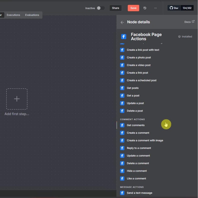 May include: Screenshot of a dark gray interface with a list of Facebook Page Actions. Options include creating posts, getting posts, and managing comments. The interface also has a button to add the first step.