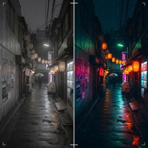 K&ouml;nnte beinhalten: Eine regnerische Gasse mit japanischen Laternen und Schaufenstern. Der nasse B&uuml;rgersteig reflektiert Neonlichter und das Leuchten der Laternen. Eine Person mit einem Regenschirm geht die Gasse entlang.
