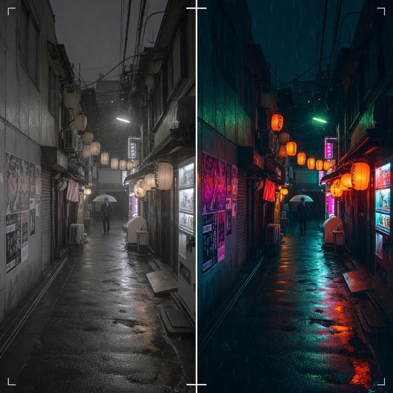 K&ouml;nnte beinhalten: Eine regnerische Gasse mit japanischen Laternen und Schaufenstern. Der nasse B&uuml;rgersteig reflektiert Neonlichter und das Leuchten der Laternen. Eine Person mit einem Regenschirm geht die Gasse entlang.