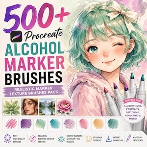 Op de afbeelding: Digitaal kunstpakket voor Procreate met meer dan 500 alcoholmarker penselen. De afbeelding toont een aquarel illustratie van een meisje met groen haar, samen met voorbeelden van penseelstreken en de tekst "Alcohol Marker Brushes".
