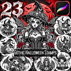 Pode incluir: Uma coleção digital de 23 carimbos góticos de Halloween com ilustrações em preto e branco de bruxas, morcegos, caveiras, rosas e abóboras contra um fundo de lua vermelha. O texto diz 23 e Gothic Halloween Stamps.