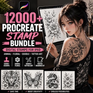 12000+ Procreate Stamp Brushes Bundle, Digital Stamps for iPad, Animal Floral Doodle Tattoo Art, Digital Drawing Kit
