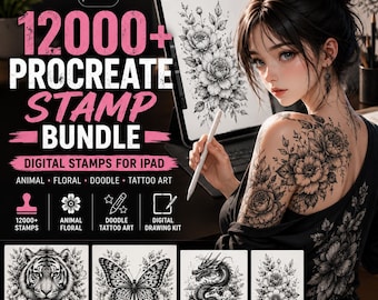 12000+ Procreate Stamp Brushes Bundle, Digital Stamps for iPad, Animal Floral Doodle Tattoo Art, Digital Drawing Kit