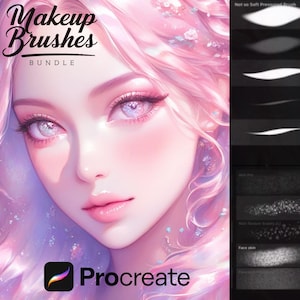 Peut inclure: Ensemble d'art numérique représentant une femme aux cheveux roses et maquillage. Le texte "Makeup Brushes Bundle" est en haut, et le logo Procreate en bas. Le côté droit montre des exemples de coups de pinceau.