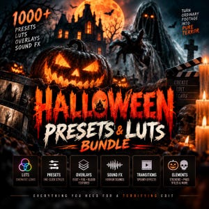 May include: A digital bundle of Halloween presets, LUTs, overlays, and sound effects featuring a glowing jack-o'-lantern, a haunted house, and a ghostly figure. The text reads: 1000+ PRESETS LUTS OVERLAYS SOUND FX, HALLOWEEN PRESETS & LUTS BUNDLE.
