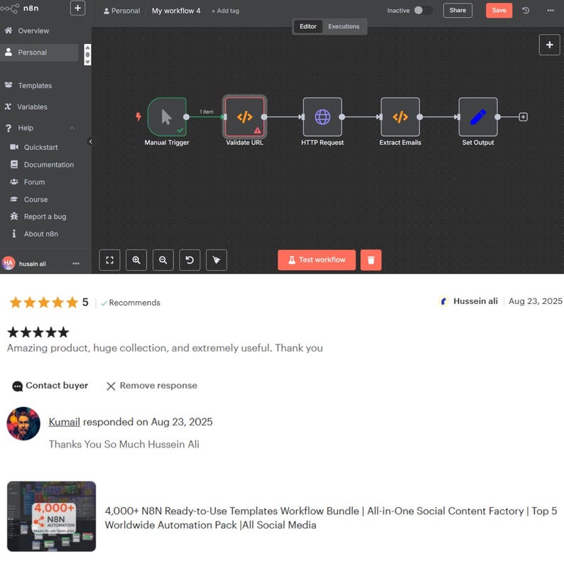 May include: Screenshot of a software interface with a workflow diagram. The diagram includes steps like 'Manual Trigger,' 'Validate URL,' 'HTTP Request,' 'Extract Emails,' and 'Set Output.' User reviews and a product bundle advertisement are also visible.