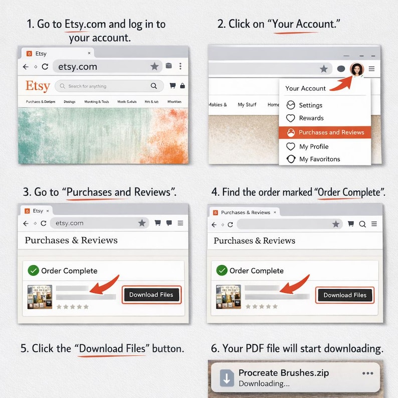 May include: A step-by-step guide on how to download files from Etsy after purchase. The guide shows screenshots of the Etsy website, including logging in, navigating to purchases, and clicking the download button. The final step shows the file downloading.