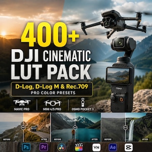 May include: An advertisement for a DJI Cinematic LUT Pack, displaying the text "400+". The image includes a drone, a handheld camera, and before-and-after color grading examples. Compatible with Mavic Pro, Mini 4/5 Pro, and Osmo Pocket 3.