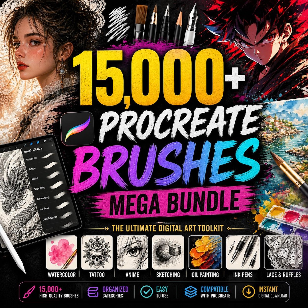 15,000+ Procreate Brushes Mega Bundle, Digital Art Drawing Set ...