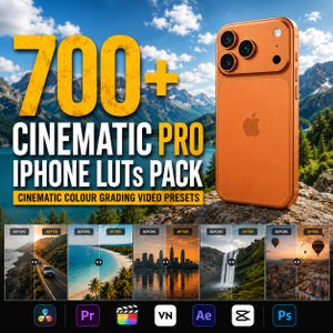Puede incluir: Un iPhone naranja con tres cámaras se muestra junto al texto "700+ CINEMATIC PRO IPHONE LUTS PACK". Debajo hay ejemplos de antes y después de la gradación de color de video. El fondo presenta una cordillera y un cielo azul.