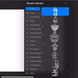 May include: A digital Brush Library menu featuring a list of categories including Ancient Greek, Wings, Snake Stamps, Japanese Tattoo, Mythology Statue, Oldschool Banners, Flower 2, Flower, Rose Stamps, Skull and Bones, Dragon Stamps, and Butterfly Stamps.