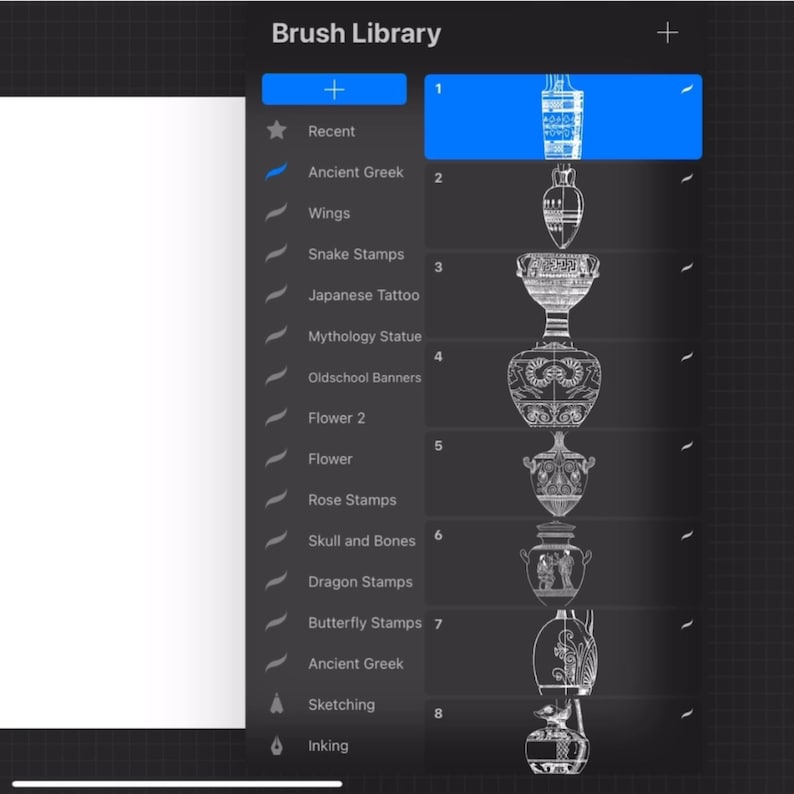 May include: A digital Brush Library menu featuring a list of categories including Ancient Greek, Wings, Snake Stamps, Japanese Tattoo, Mythology Statue, Oldschool Banners, Flower 2, Flower, Rose Stamps, Skull and Bones, Dragon Stamps, and Butterfly Stamps.