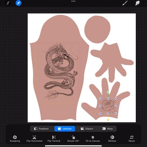 May include: A digital design interface displaying light pink fabric pattern pieces on a dark grid background. One piece features a detailed black line art illustration of a coiled dragon, while another piece contains a black line art rose graphic.