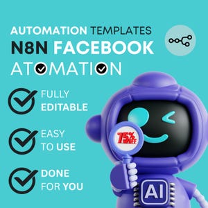 Op de afbeelding: Een turquoise afbeelding met de tekst "AUTOMATION TEMPLATES N&N FACEBOOK ATOMATION". Een paarse robot houdt een vergrootglas vast met "75% OFF" erop. De afbeelding bevat ook vinkjes met de woorden "FULLY EDITABLE", "EASY TO USE" en "DONE FOR YOU".
