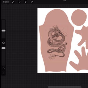 May include: A digital design template featuring a detailed black line art illustration of a coiled dragon centered on a dusty rose-colored fabric pattern piece, accompanied by additional rounded and hand-shaped fabric cutouts on a grid background.