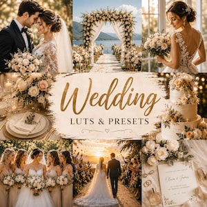 Könnte beinhalten: Eine Collage aus Hochzeitsbildern mit einem Paar, einem Blumenbogen, einer mehrstöckigen Torte und einem Schreibwarenset. Der zentrale Text lautet Wedding LUTS & PRESETS in goldener Schrift, mit einem kleinen Herzsymbol auf strukturiertem Grund.
