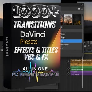 May include: A black box displaying "1000+ TRANSITIONS DaVinci Presets EFFECTS & TITLES VHS & FX ALL IN ONE FX PRESETS BUNDLE". A computer screen with video editing software is visible beside it.