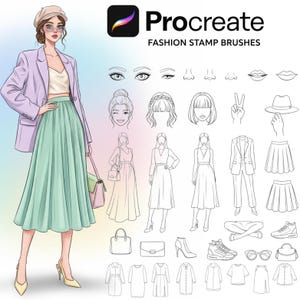 Può includere: Illustrazione di una donna con blazer lilla, gonna verde menta e tacchi gialli, con pennelli timbro Procreate a tema moda. L'immagine include disegni al tratto di volti, acconciature, abbigliamento e accessori.