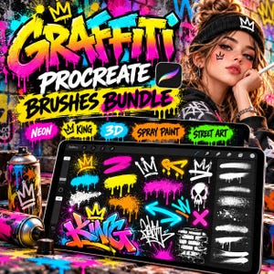 May include: A digital tablet displays a Procreate brush set featuring graffiti-style graphics, including crowns, skulls, and drips. The screen shows colorful brush strokes and the text "GRAFFITI PROCREATE BRUSHES BUNDLE" with neon accents.