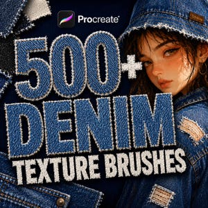 May include: A digital art graphic promoting Procreate brushes. The image features the text "500+ DENIM TEXTURE BRUSHES" in a denim-style font. A person wearing denim clothing is in the background. Patches of denim fabric are scattered around the text.