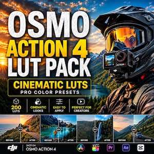 May include: A digital product advertisement for Osmo Action 4 LUT Pack featuring a helmet-mounted action camera. The graphic displays text including 200 LUTs, cinematic looks, and before-and-after photo comparisons of landscapes and vehicles.
