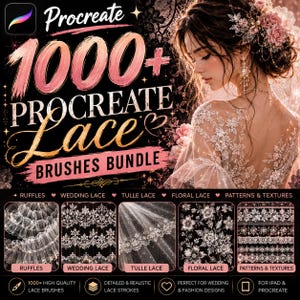 Puede incluir: Un paquete de arte digital para Procreate con más de 1000 pinceles de encaje. La imagen muestra a una mujer con un vestido de novia de encaje, con ejemplos de diseños de encaje de volantes, boda, tul y floral. Texto: "Brushes Bundle".