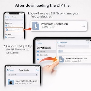 May include: An instructional graphic titled After downloading the ZIP file, showing three mobile device screens. It illustrates the process of locating and tapping a file named Procreate Brushes.zip, which is 43.6 MB, to unzip it on an iPad.