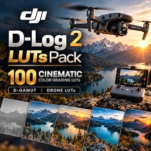 Könnte beinhalten: Eine DJI Mavic 4 Pro Drohne im Flug über einer Bergseelandschaft. Der Text lautet D-Log 2 LUTs Pack, 100 Cinematic Color Grading LUTs, D-Gamut und Drone LUTs. Eine Fernsteuerung mit Smartphone-Display zeigt das Live-Kamerabild.