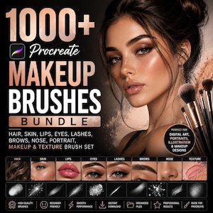 Op de afbeelding: Een promotieafbeelding voor een Procreate make-up kwastenbundel. De afbeelding toont een vrouw met vakkundig aangebrachte make-up, een set make-up kwasten en de tekst "1000+ Makeup Brushes Bundle" met details voor haar, huid, lippen, ogen en meer.