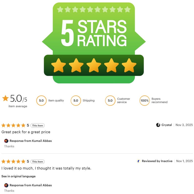 May include: A digital graphic displaying a 5-star rating with five yellow stars, followed by a 5.0 out of 5 item average, individual scores for item quality, shipping, and customer service, and two customer reviews with responses from Kumail Abbas.