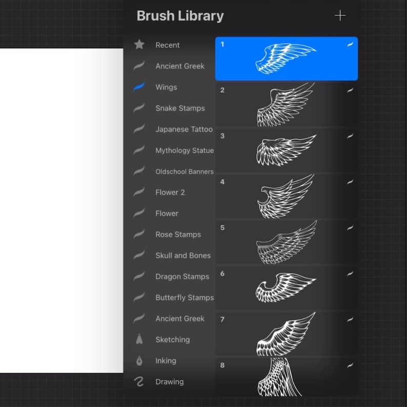 May include: A digital interface showing a Brush Library menu with a list of categories including Recent, Ancient Greek, Wings, Snake Stamps, Japanese Tattoo, Mythology Statue, Oldschool Banners, Flower 2, Flower, Rose Stamps, Skull and Bones, Dragon Stamps, and Butterfly Stamps. The Wings category is selected, displaying eight distinct white line-art wing illustrations on a dark gray background.