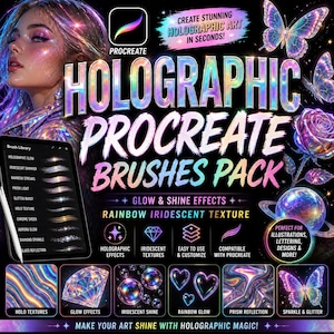 Peut inclure: Image promotionnelle pour un pack de pinceaux Procreate. L'image présente une femme avec du maquillage holographique, des papillons et une rose. Le texte comprend "Holographic Procreate Brushes Pack" et "Glow & Shine Effects". Le pack propose des effets holographiques, des textures irisées, etc.