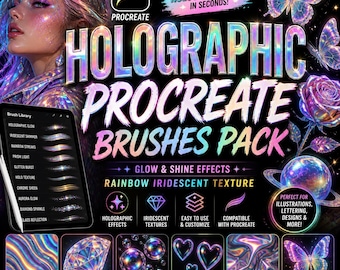 Holographic Procreate Brush Set | Glow & Shine Effects | Rainbow Iridescent Texture Brushes
