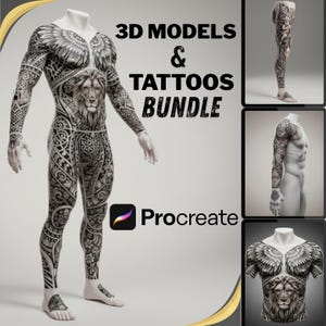 May include: A digital art bundle featuring 3D models and tattoo designs. The main image showcases a full-body model with intricate black and gray tattoos, including a lion's head on the chest. Additional images display tattoo sleeves and leg designs.