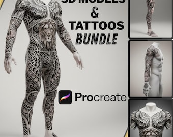 Modelli umani e tatuaggi 3D Procreate, modelli modificabili / Figure maschili e femminili, schizzi di tatuaggi, concept art, illuminazione, kit di studio anatomico 2026