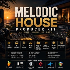 Puede incluir: Imagen promocional para un kit de productor de Melodic House. La imagen presenta el texto "MELODIC HOUSE PRODUCER KIT" con detalles sobre muestras, kits de canciones, voces, archivos MIDI, proyectos, presets e instrumentos. Compatible con FL Studio, Ableton Live, Logic Pro, Cubase, Studio One y Reaper.