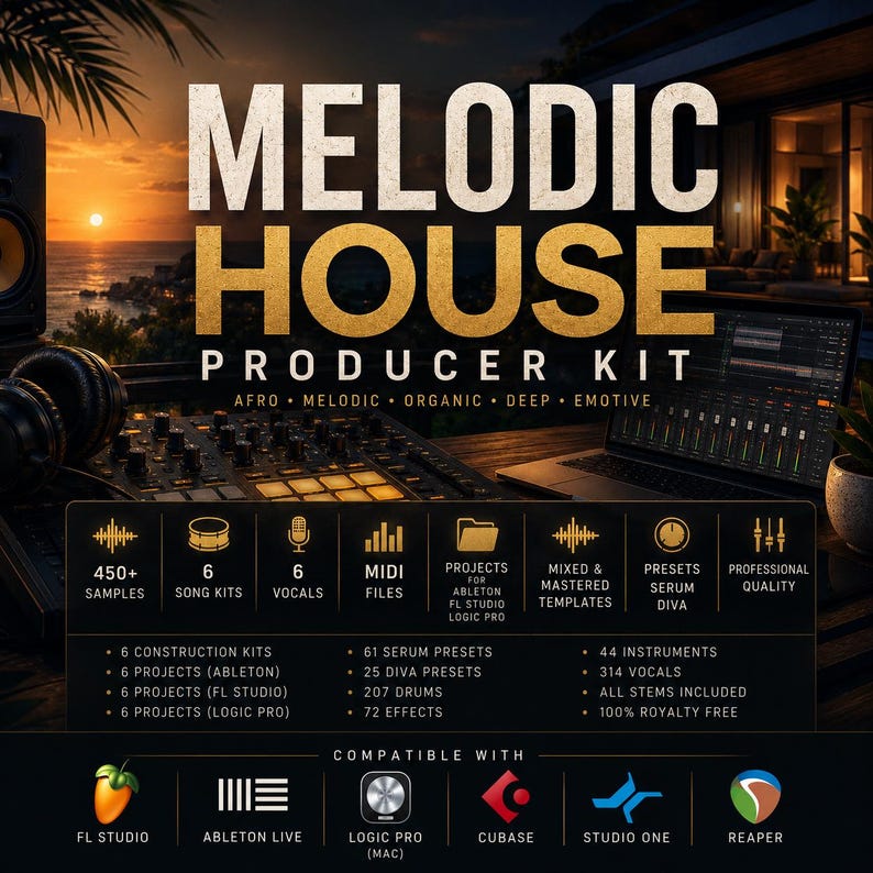 Puede incluir: Imagen promocional para un kit de productor de Melodic House. La imagen presenta el texto "MELODIC HOUSE PRODUCER KIT" con detalles sobre muestras, kits de canciones, voces, archivos MIDI, proyectos, presets e instrumentos. Compatible con FL Studio, Ableton Live, Logic Pro, Cubase, Studio One y Reaper.