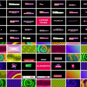 May include: A selection of graphic design elements for video editing, including lower thirds, animated titles, and promotional graphics. The designs feature various colour schemes, text overlays, and animated backgrounds. The image includes the words "Subscribe", "Elements", and "Hot Offer".