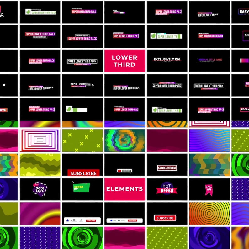 May include: A selection of graphic design elements for video editing, including lower thirds, animated titles, and promotional graphics. The designs feature various colour schemes, text overlays, and animated backgrounds. The image includes the words "Subscribe", "Elements", and "Hot Offer".