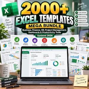 May include: A digital product bundle featuring 2000+ Excel templates for business, finance, and project management. The display shows a laptop screen with a business dashboard, surrounded by various spreadsheet previews, icons, and text labels.