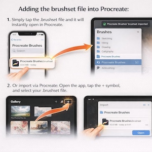 May include: A digital guide on how to add a brushset file into the Procreate app. The image shows step-by-step instructions on an iPhone and iPad, with screenshots of the app interface. The text includes "Procreate Brushes" and "Open".