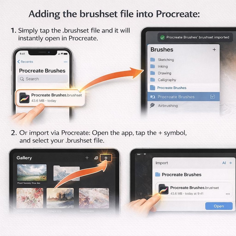 May include: A digital guide on how to add a brushset file into the Procreate app. The image shows step-by-step instructions on an iPhone and iPad, with screenshots of the app interface. The text includes "Procreate Brushes" and "Open".