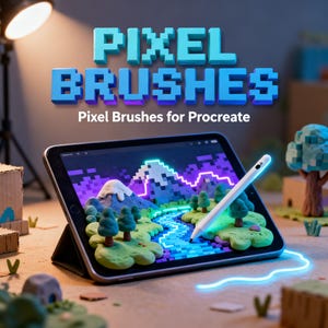 以下が含まれることがあります： ピクセルアートの風景が映し出されたタブレット。山、木、川が描かれ、ネオンブルーの光で照らされています。白いスタイラスが画面に置かれています。「PIXEL BRUSHES」と「Pixel Brushes for Procreate」の文字が表示されています。