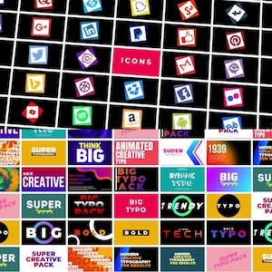 May include: A black grid featuring social media icons and typography designs. The icons represent platforms like Google+, LinkedIn, and Twitter. Typography designs include phrases such as "Think Big" and "Animated Creative Typo".