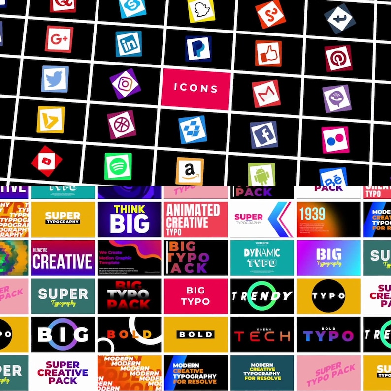 May include: A black grid featuring social media icons and typography designs. The icons represent platforms like Google+, LinkedIn, and Twitter. Typography designs include phrases such as "Think Big" and "Animated Creative Typo".