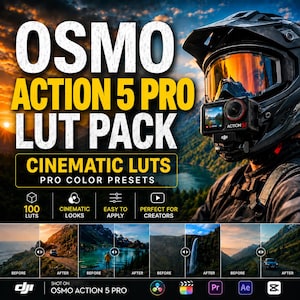 Op de afbeelding: Een digitaal productpakket genaamd OSMO ACTION 5 PRO LUT PACK met filmische kleurvoorinstellingen. De afbeelding toont een actiecamera op een helm, vier voor-en-na landschapsvergelijkingen en iconen voor videobewerkingssoftware.