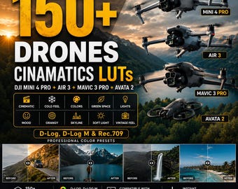 150+ DJI Drone Cinematic LUTs Bundle – Mini 4 Pro, Air 3, Mavic 2/3 Pro & Air 2S Avata 2 D-Log / Rec.709 Color Grading Video Presets