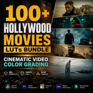 Pode incluir: Um pacote de produtos digitais com o texto "100+ HOLLYWOOD MOVIES LUTS BUNDLE" em amarelo. A imagem inclui fotogramas de filmes e ícones de software de edição de vídeo como DaVinci Resolve e Adobe Premiere Pro. O texto "CINEMATIC VIDEO COLOR GRADING" também está presente.