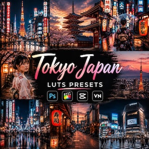 Könnte beinhalten: Eine digitale Produktanzeige mit dem Text Tokyo Japan LUTS PRESETS und Symbolen für Ps, Final Cut, CapCut und VN. Die Collage zeigt verschiedene Szenen aus Tokio, darunter den Tokyo Tower, einen Tempel und belebte Straßen bei Nacht.